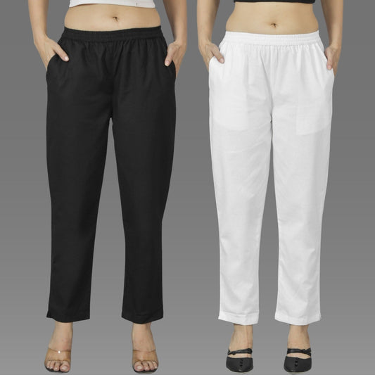 Pack Of 2 Womens Black And White Deep Pocket Fully Elastic Cotton Trouser