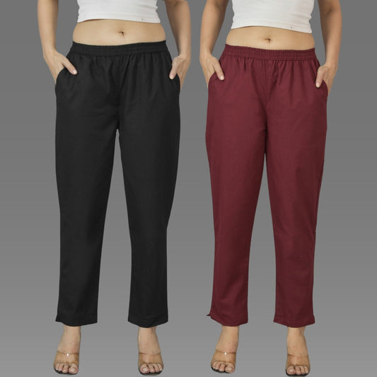 Pack Of 2 Womens Black And Wine Deep Pocket Fully Elastic Cotton Trouser