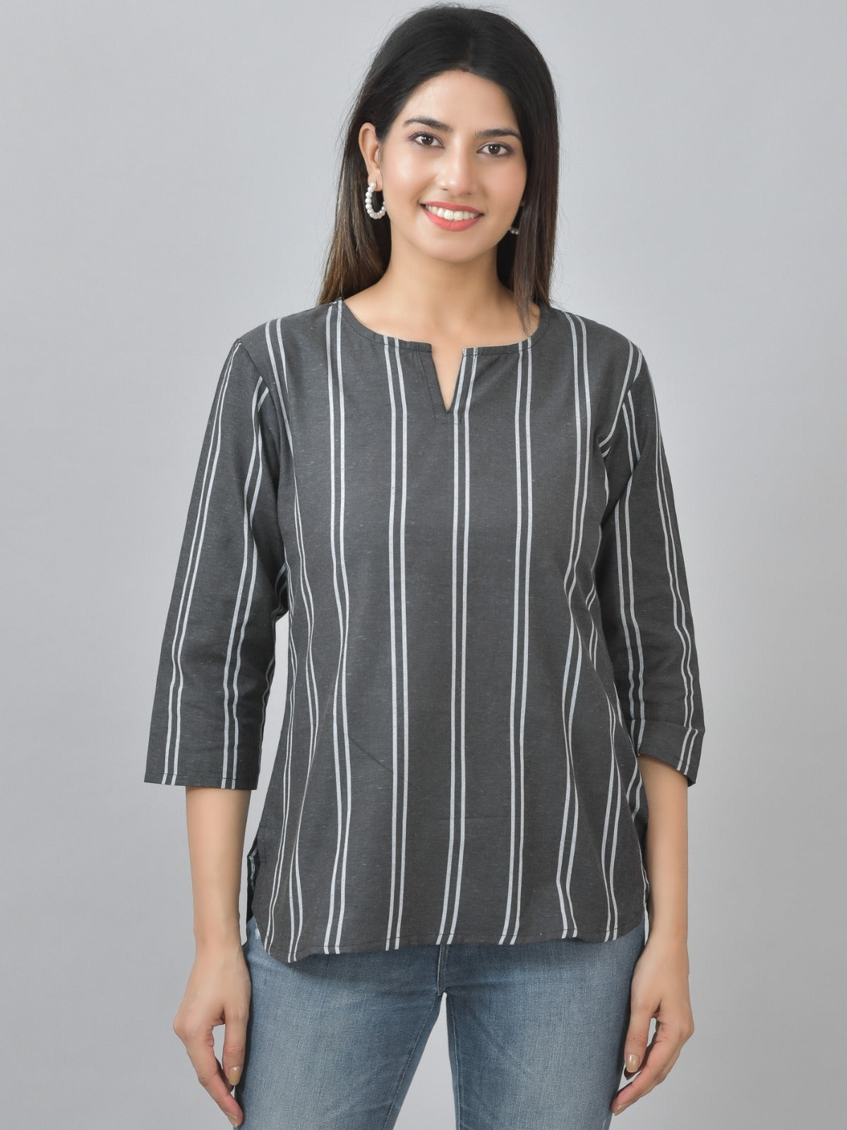 Womens Regular Fit Black Double Stripe Cotton Top