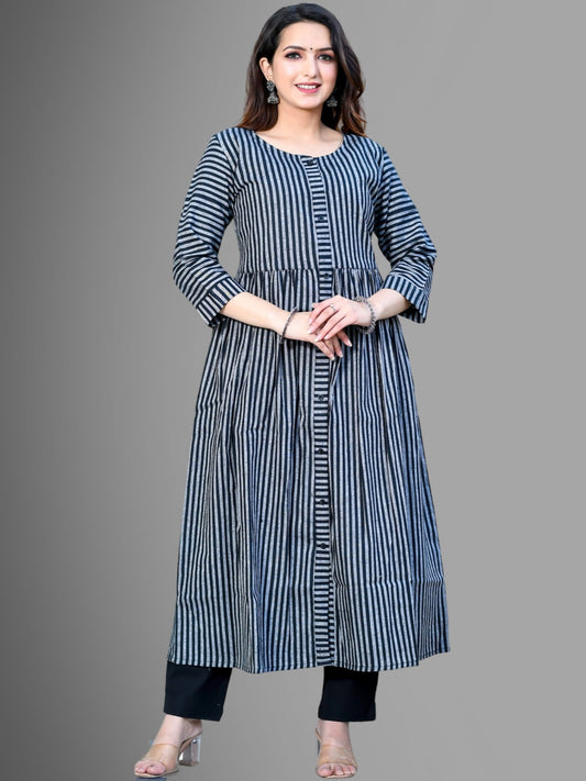 Women Black Striped South Cotton Flared kurta