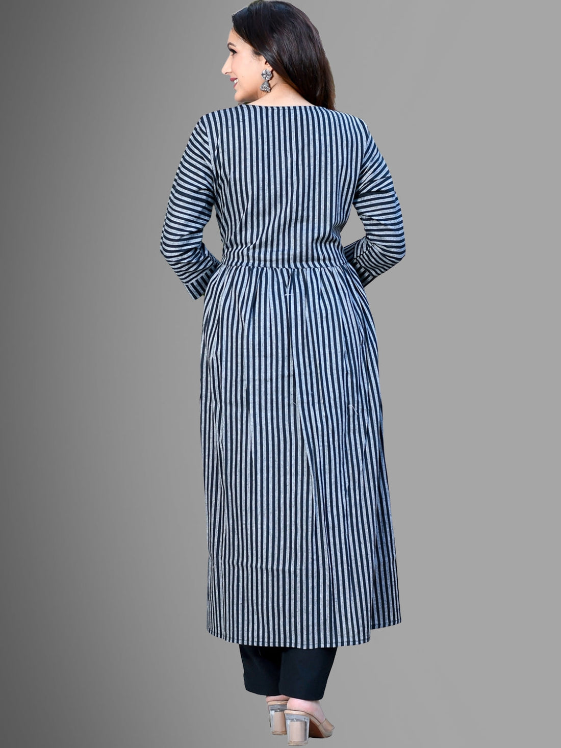 Women Black Striped South Cotton Flared kurta