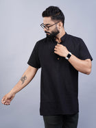 Solid Black Regular Fit Cotton Straight Short Kurta