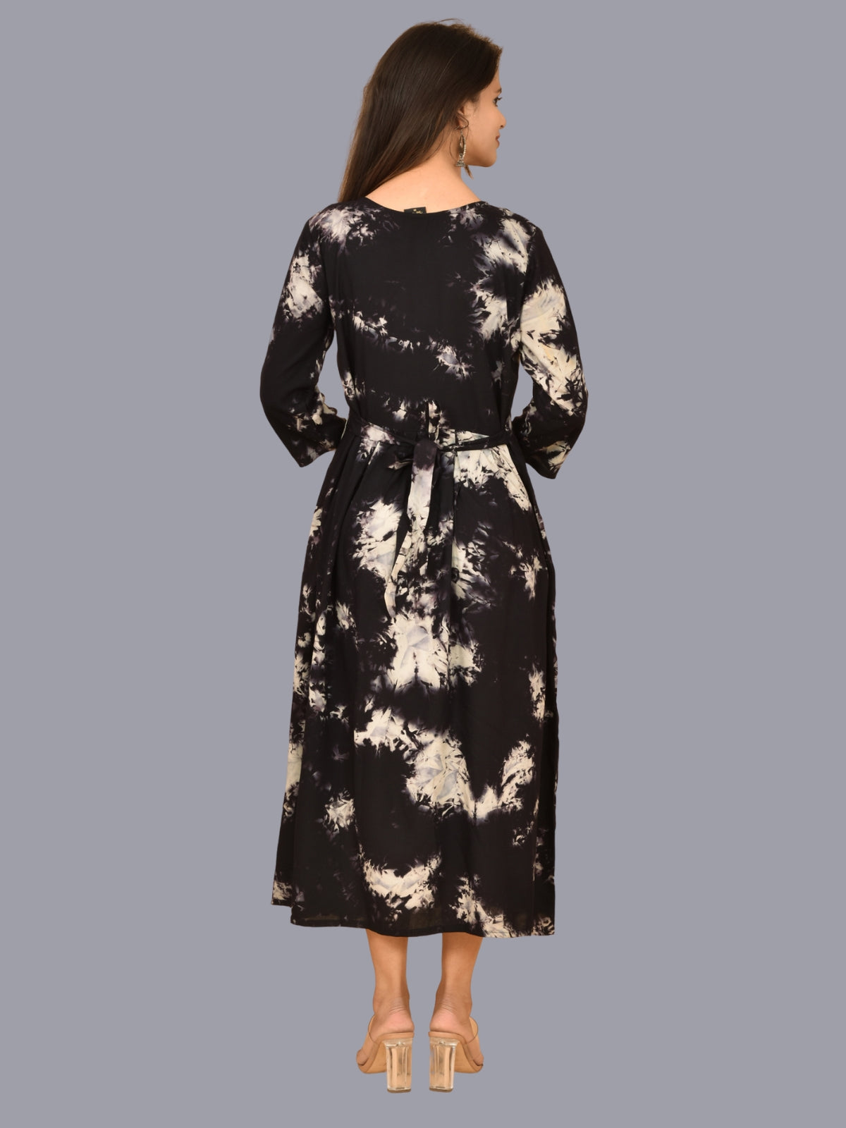 Women Black Tie Dye Long Dress Rayon 3/4 Sleeve Dress
