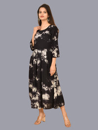 Women Black Tie Dye Long Dress Rayon 3/4 Sleeve Dress