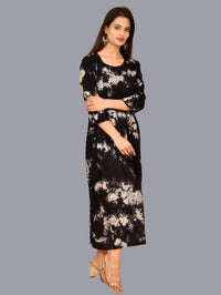 Women Black Tie Dye Long Dress Rayon 3/4 Sleeve Dress