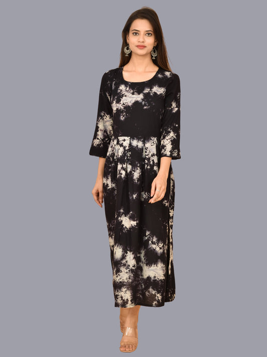 Women Black Tie Dye Long Dress Rayon 3/4 Sleeve Dress