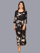 Women Black Tie Dye Long Dress Rayon 3/4 Sleeve Dress
