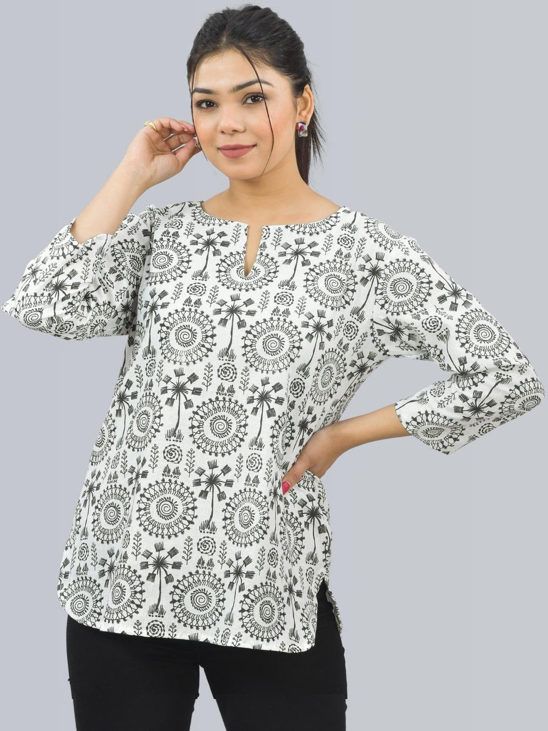 Pack Of 2 Womens Regular Fit Black Tribal And Pink Leaf Printed Tops Combo