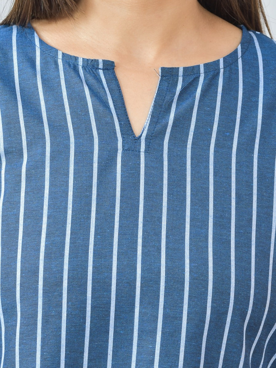 Womens Regular Fit Dark Blue Single Stripe Cotton Top