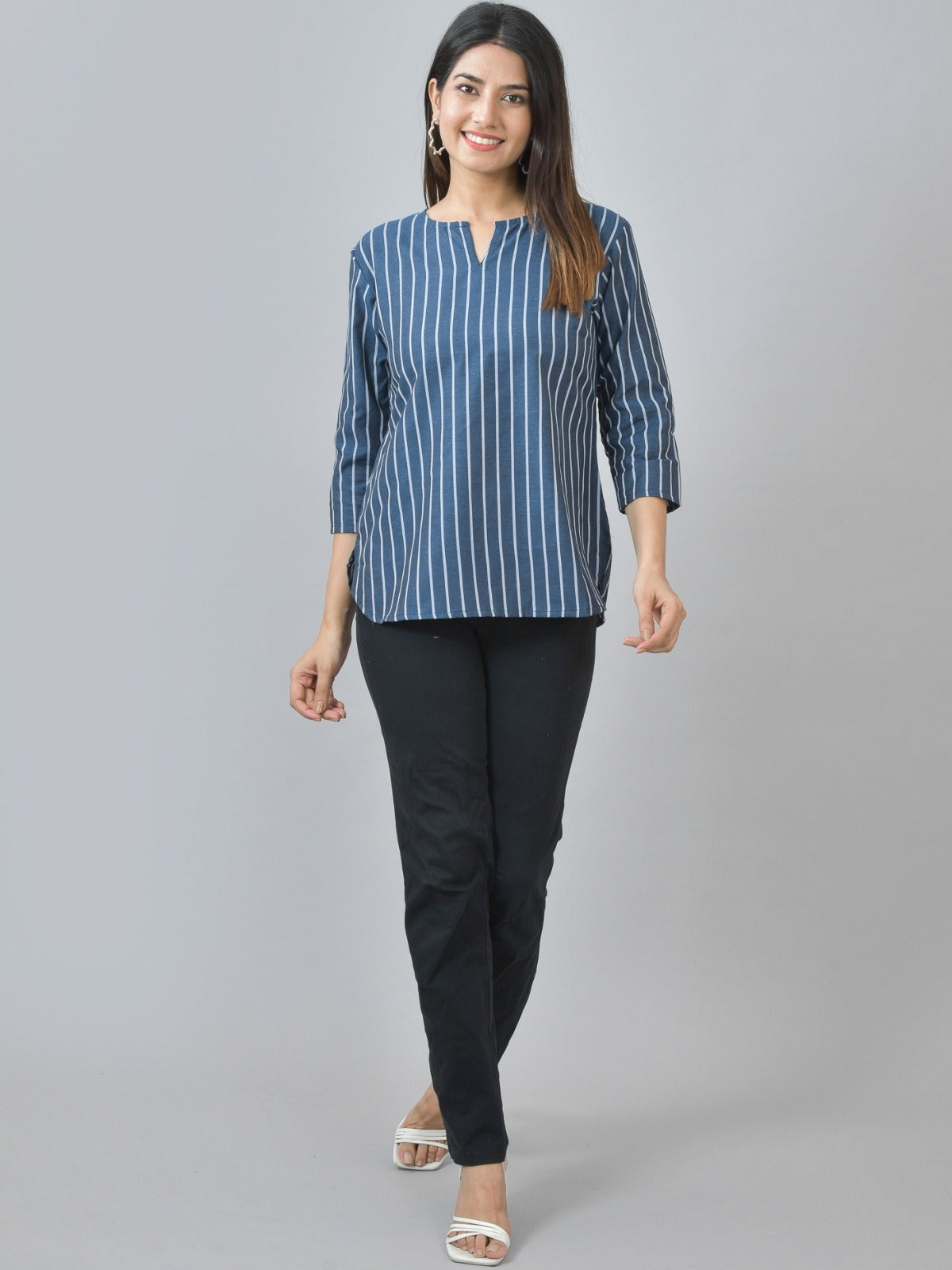 Womens Regular Fit Dark Blue Single Stripe Cotton Top