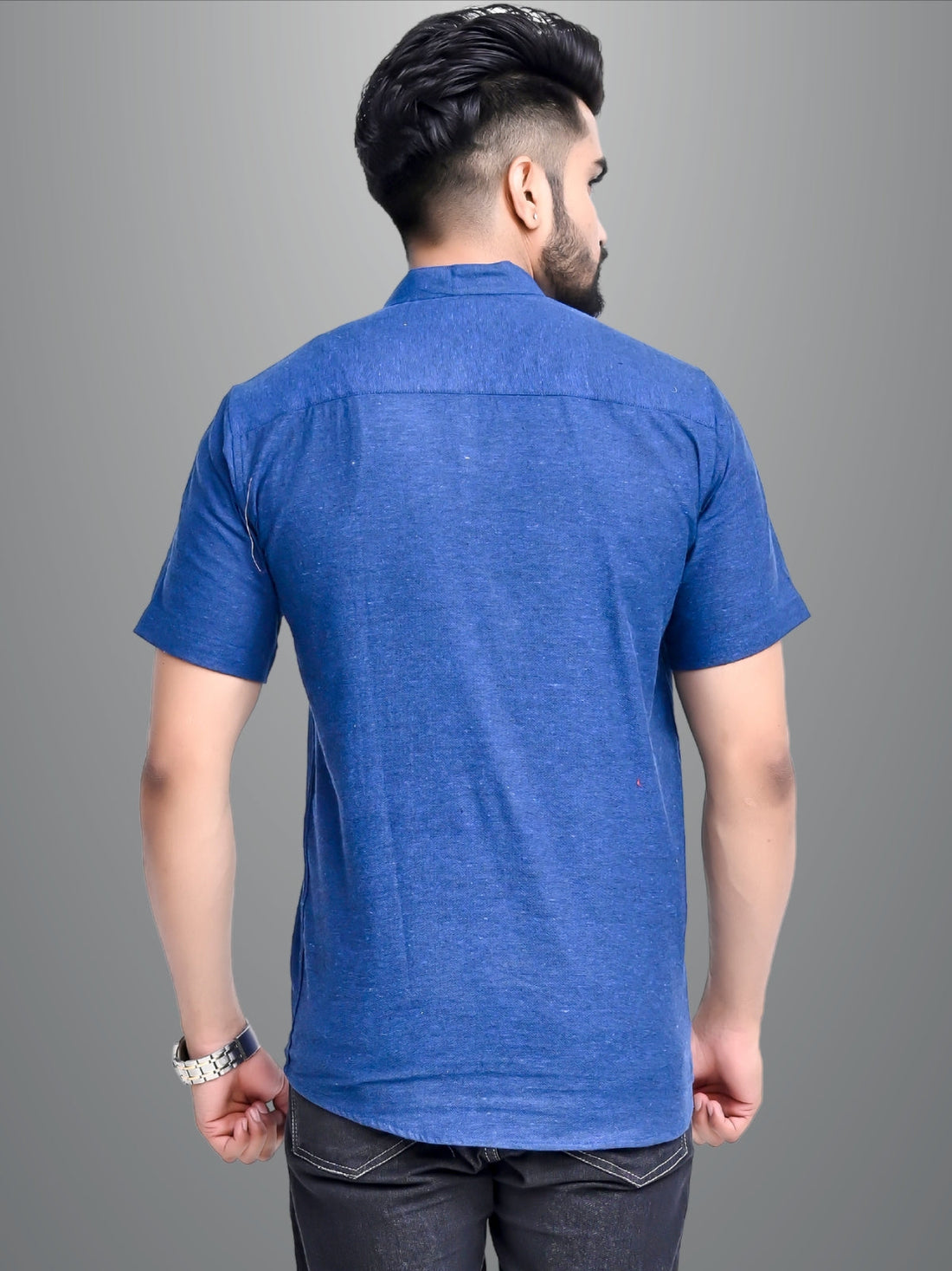 Mens Solid Dark Blue Khadi Cotton Short Kurta