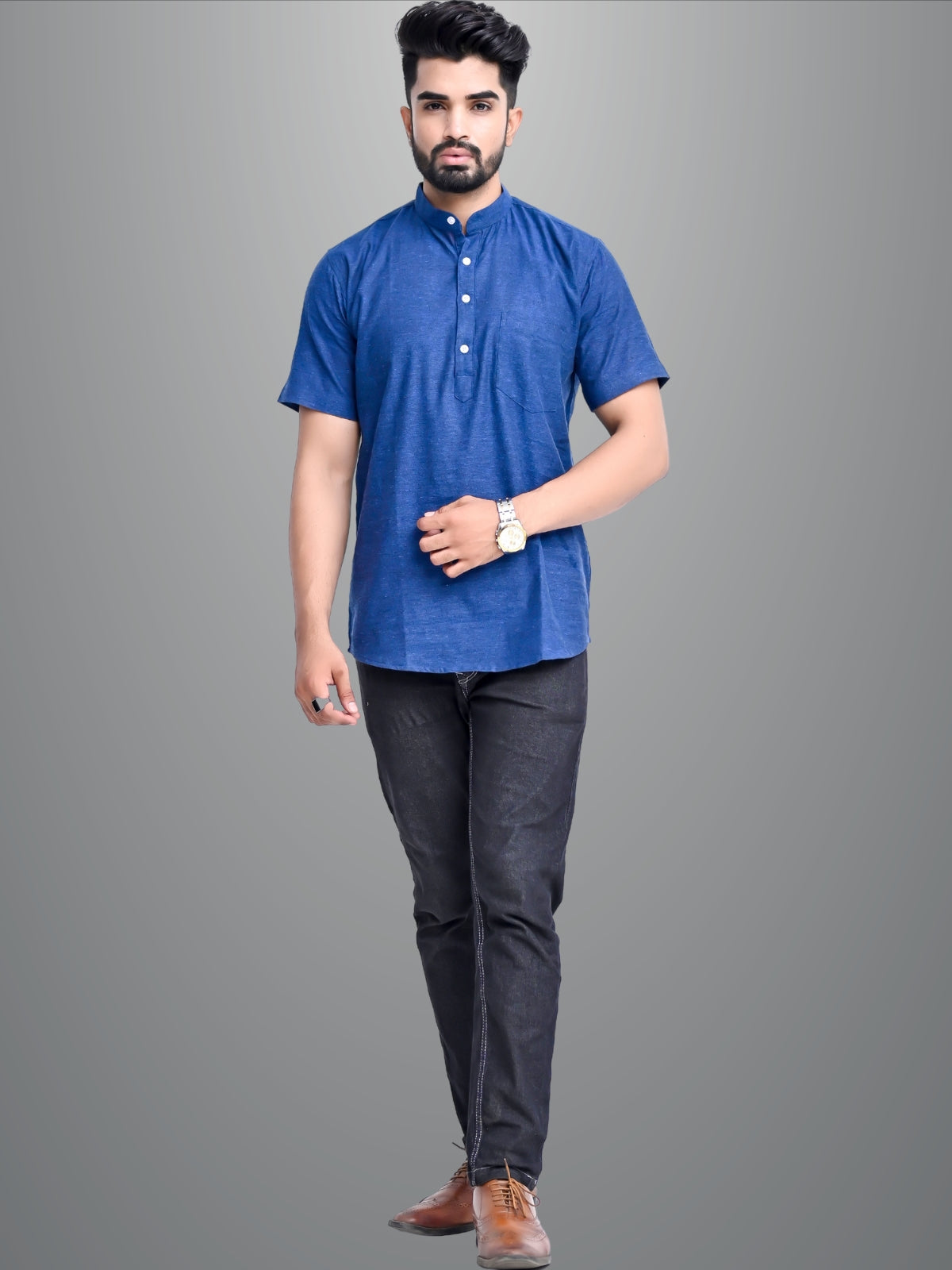 Mens Regular Fit Dark Blue and Dark Purple Half Sleeve Cotton Short Kurta Combo