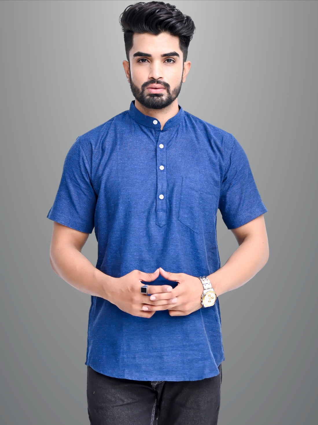 Mens Regular Fit Dark Blue and Mustard Half Sleeve Cotton Short Kurta Combo