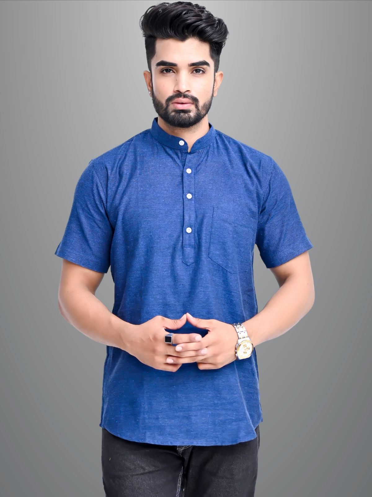 Mens Regular Fit Dark Blue and Dark Purple Half Sleeve Cotton Short Kurta Combo