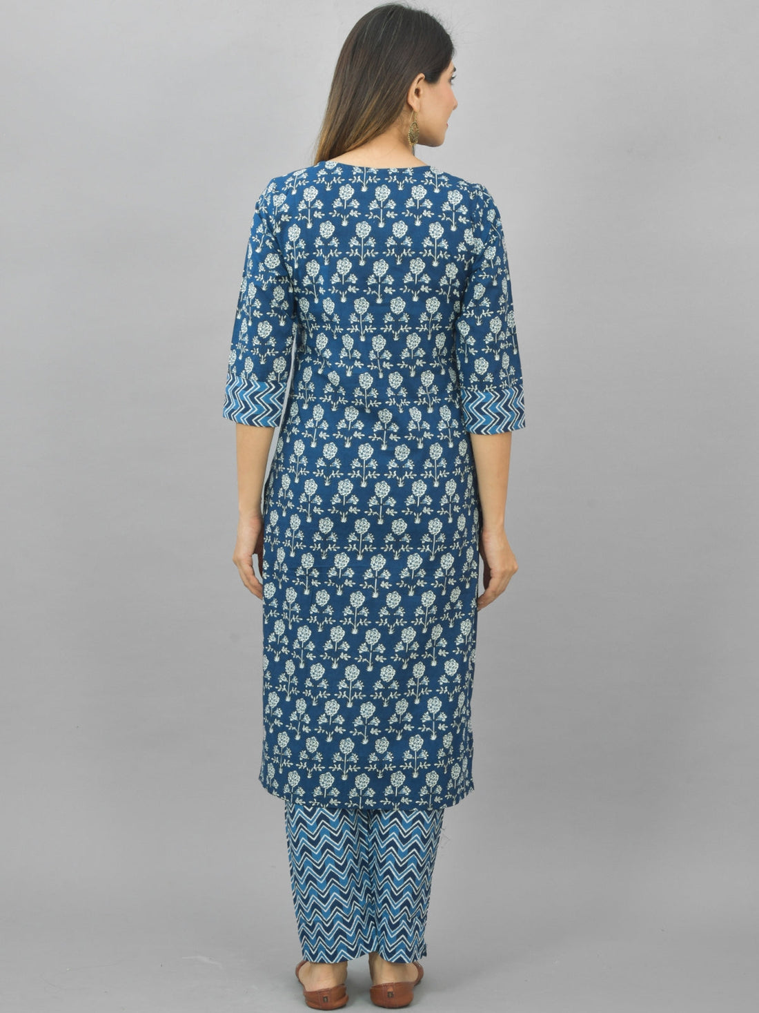 Womens Flower Printed Blue Kurti, Dupatta And Pant Set
