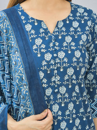 Womens Flower Printed Blue Kurti, Dupatta And Pant Set