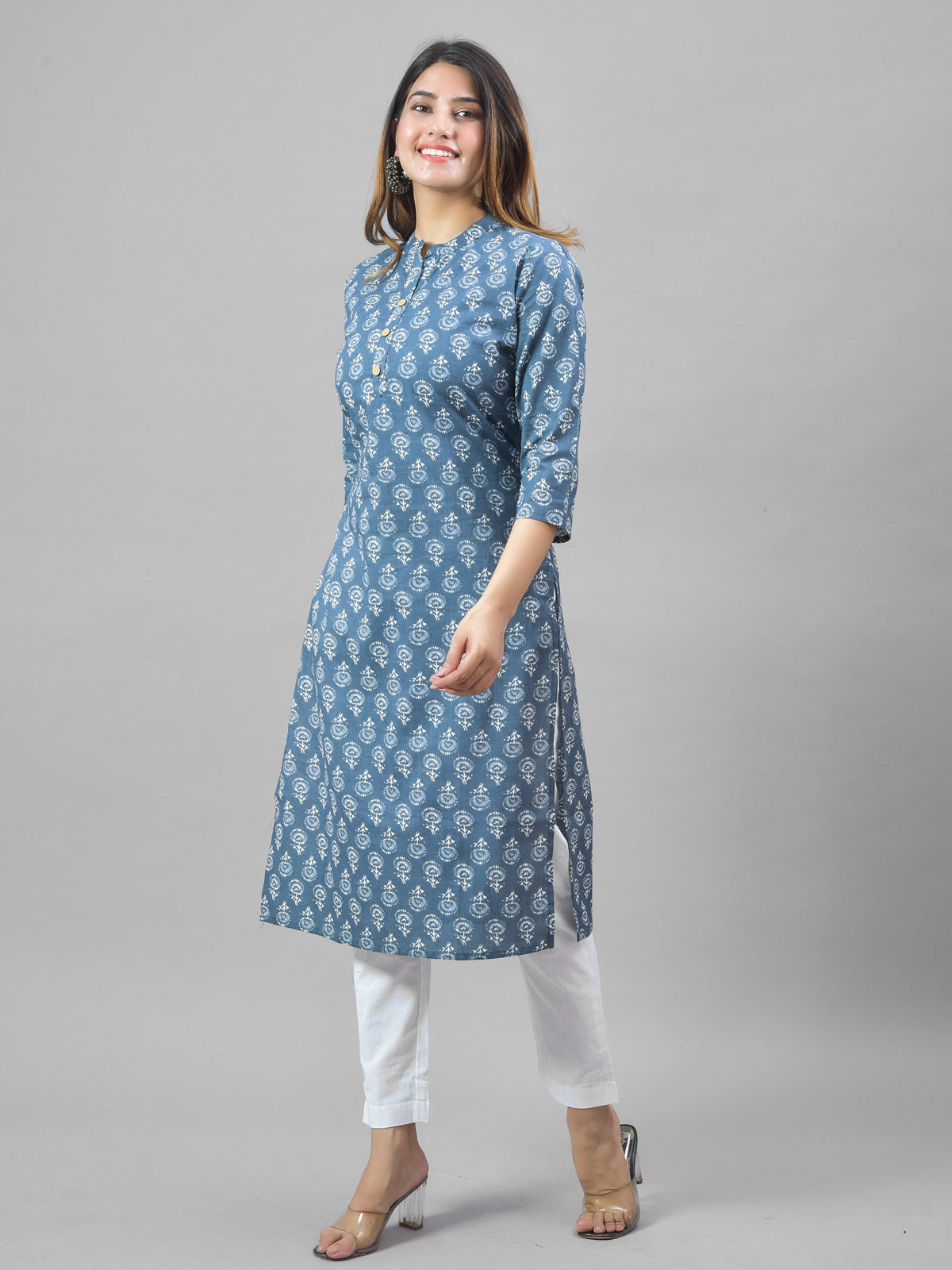 Women Blue Cambric Cotton Floral Printed Kurti