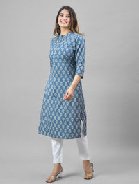 Women Blue Cambric Cotton Floral Printed Kurti