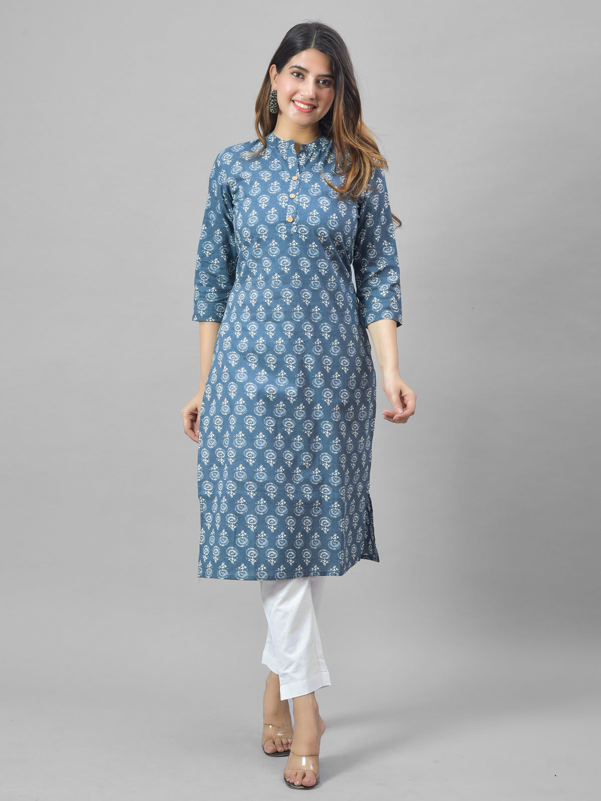 Women Blue Cambric Cotton Floral Printed Kurti