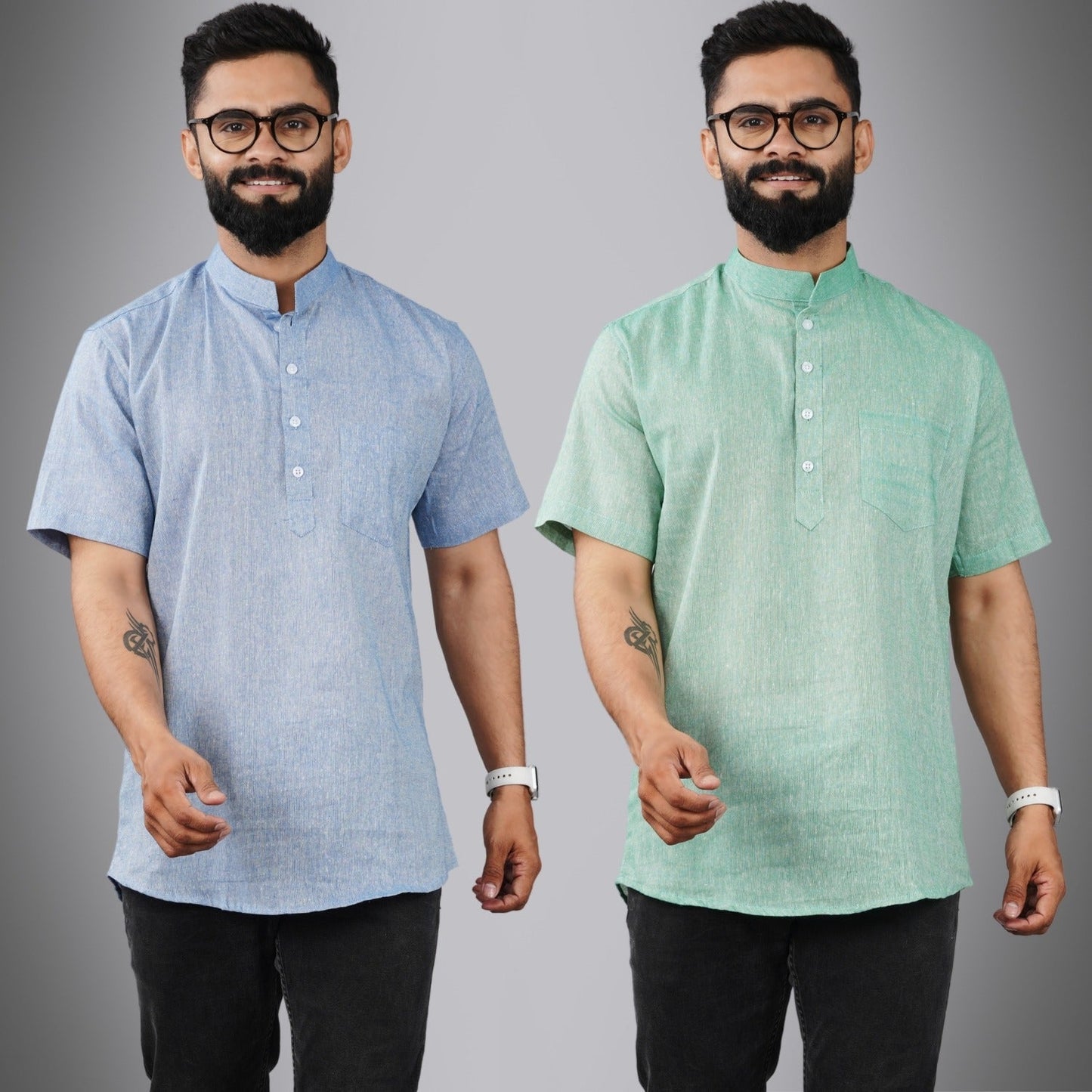 Pack Of 2 Mens Regular Fit Blue And Green Half Sleeve Cotton Short Kurta Combo