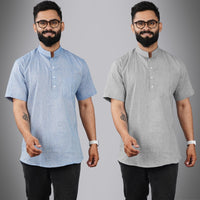 Pack Of 2 Mens Regular Fit Blue And Grey Half Sleeve Cotton Short Kurta Combo