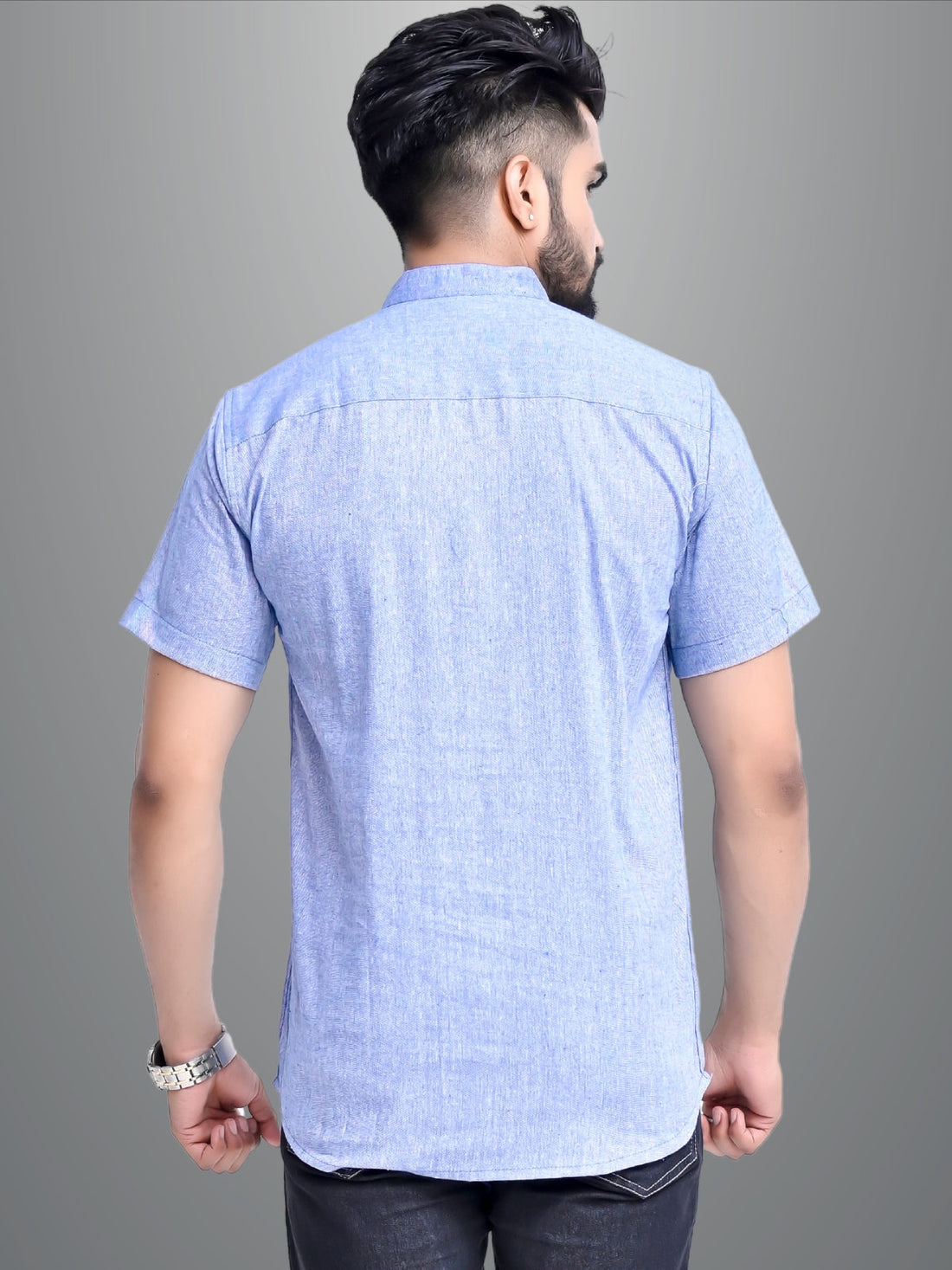 Mens Solid Light Blue Khadi Cotton Short Kurta