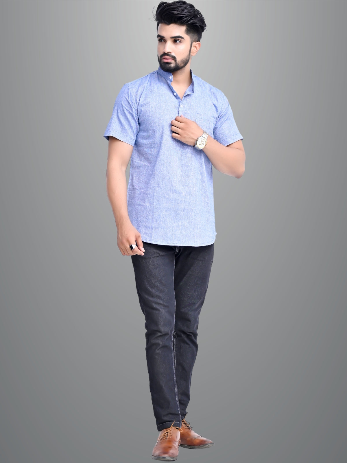 Mens Solid Light Blue Khadi Cotton Short Kurta