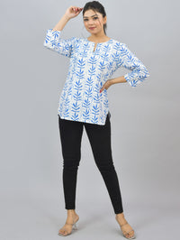 Womens Regular Fit Blue Leaf Printed Short Kurti/Top