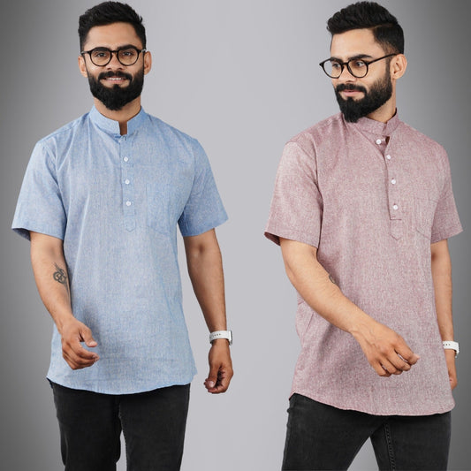 Pack Of 2 Mens Regular Fit Blue And Magenta Half Sleeve Cotton Short Kurta Combo