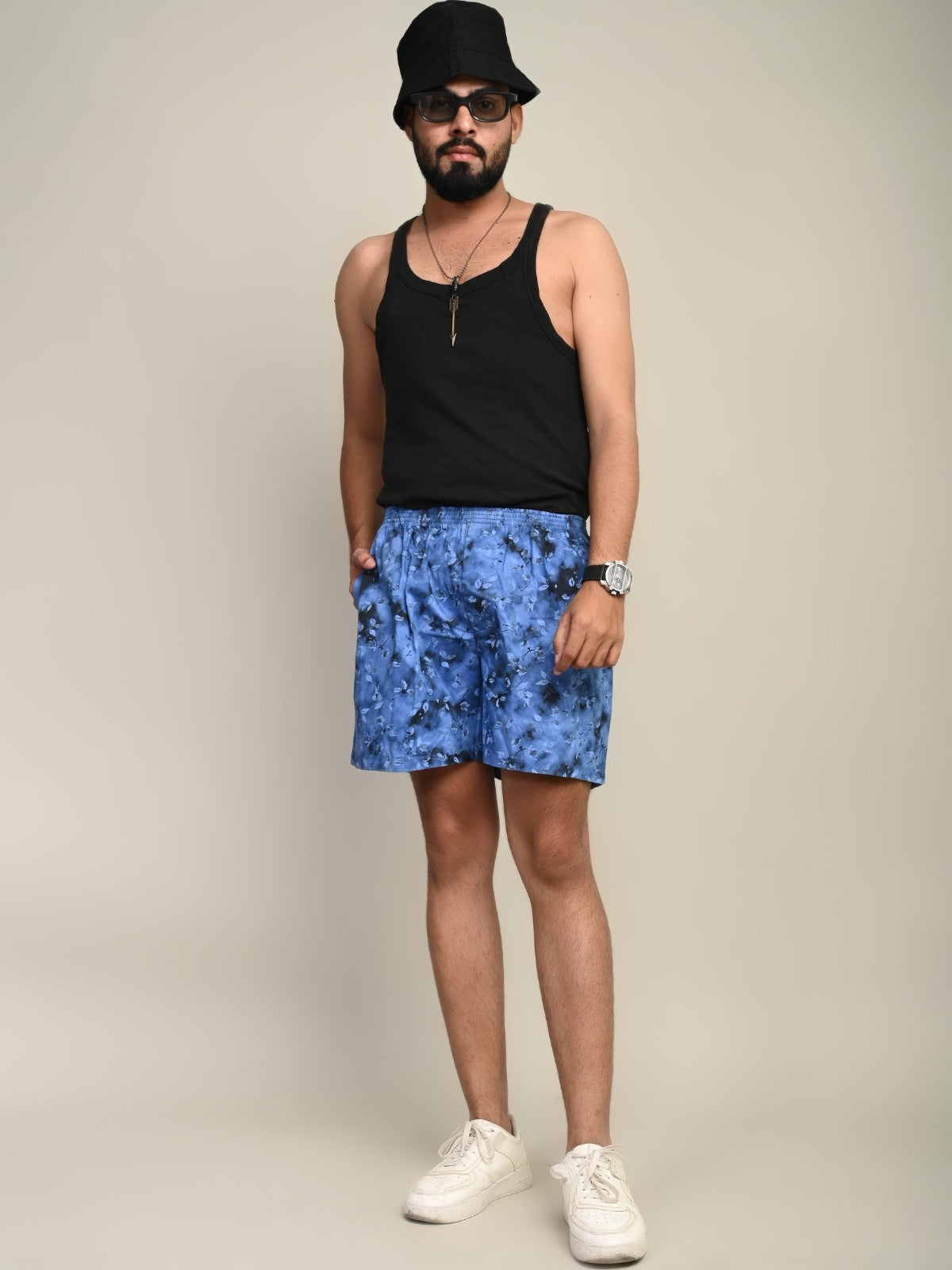 Pack Of 2 Blue And Grey Mens Printed Shorts Combo