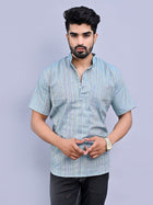 Regular Fit Blue Multi Stripes Cotton Short Kurta