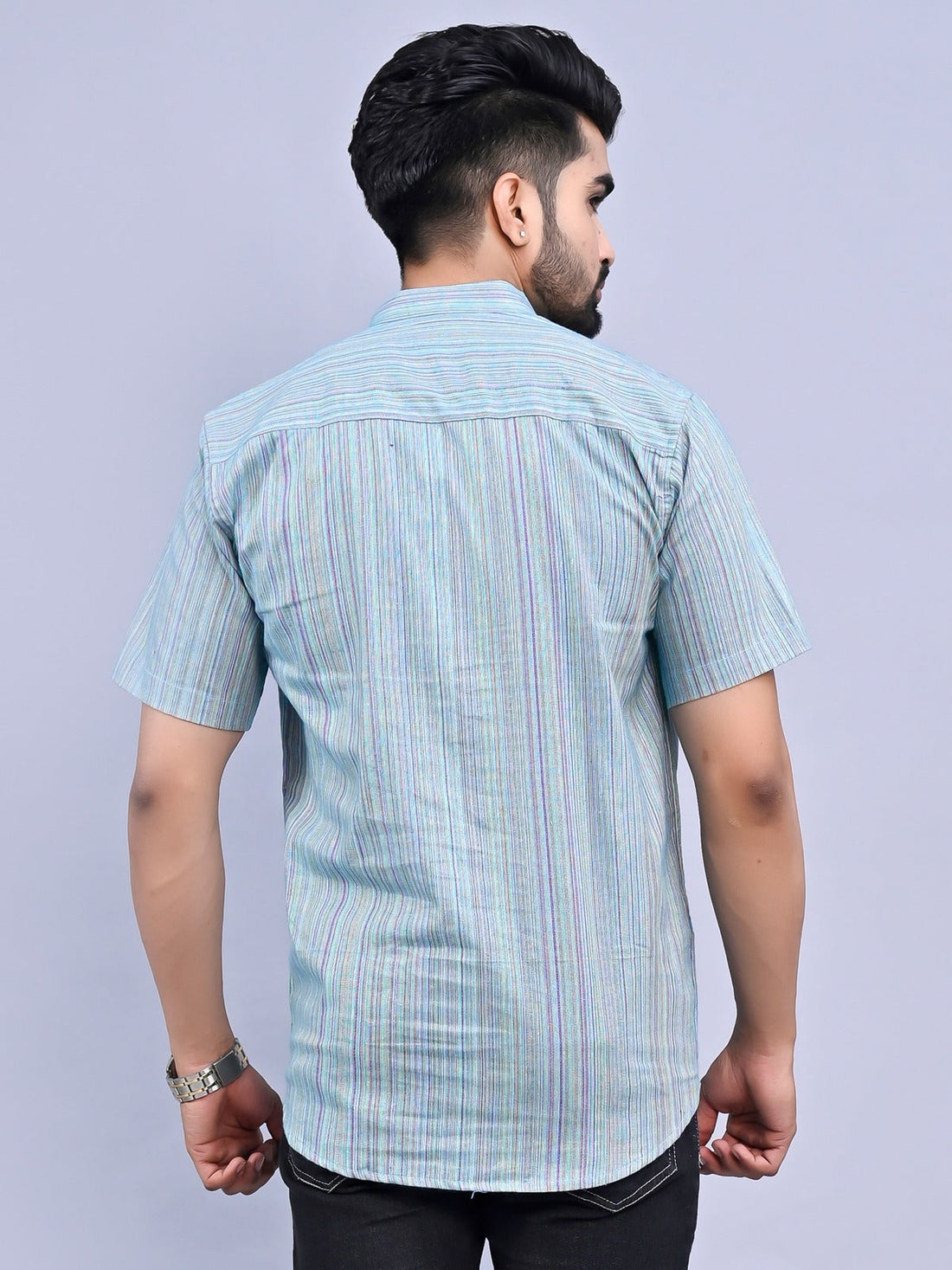 Regular Fit Blue Multi Stripes Cotton Short Kurta