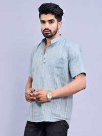 Ethnic Wear Khadi Cotton Blue Multistripe Couple Kurta Set