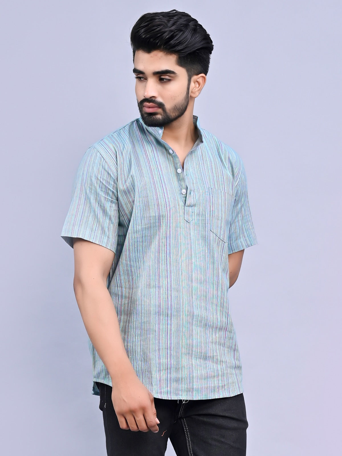 Ethnic Wear Khadi Cotton Blue Multistripe Couple Kurta Set