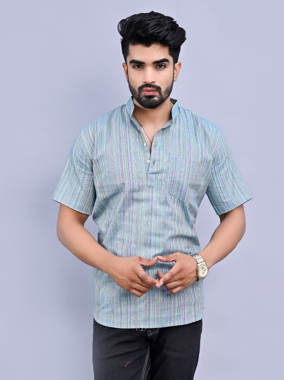 Ethnic Wear Khadi Cotton Blue Multistripe Couple Kurta Set