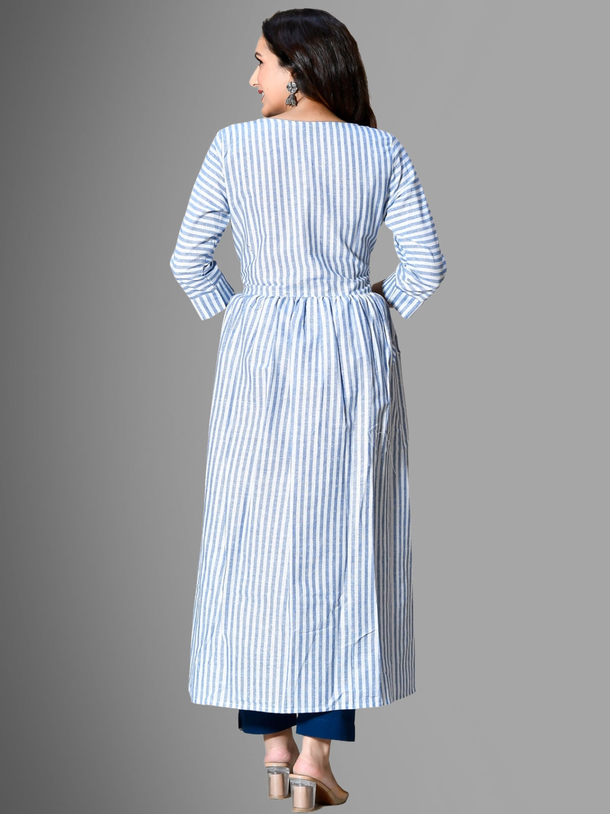 Women Blue Striped South Cotton Flared kurta