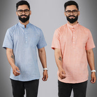 Pack Of 2 Mens Regular Fit Blue And Orange Half Sleeve Cotton Short Kurta Combo