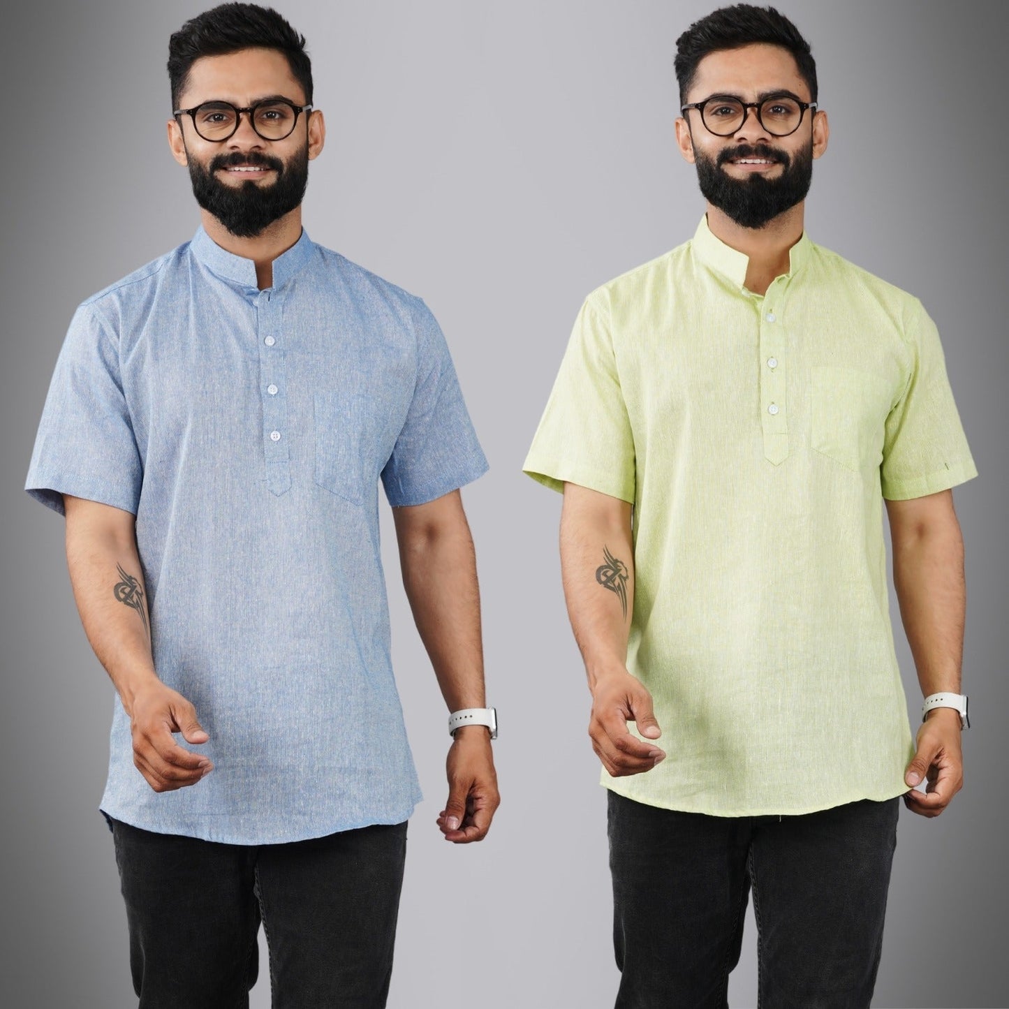 Pack Of 2 Mens Regular Fit Blue And Parrot Green Half Sleeve Cotton Short Kurta Combo