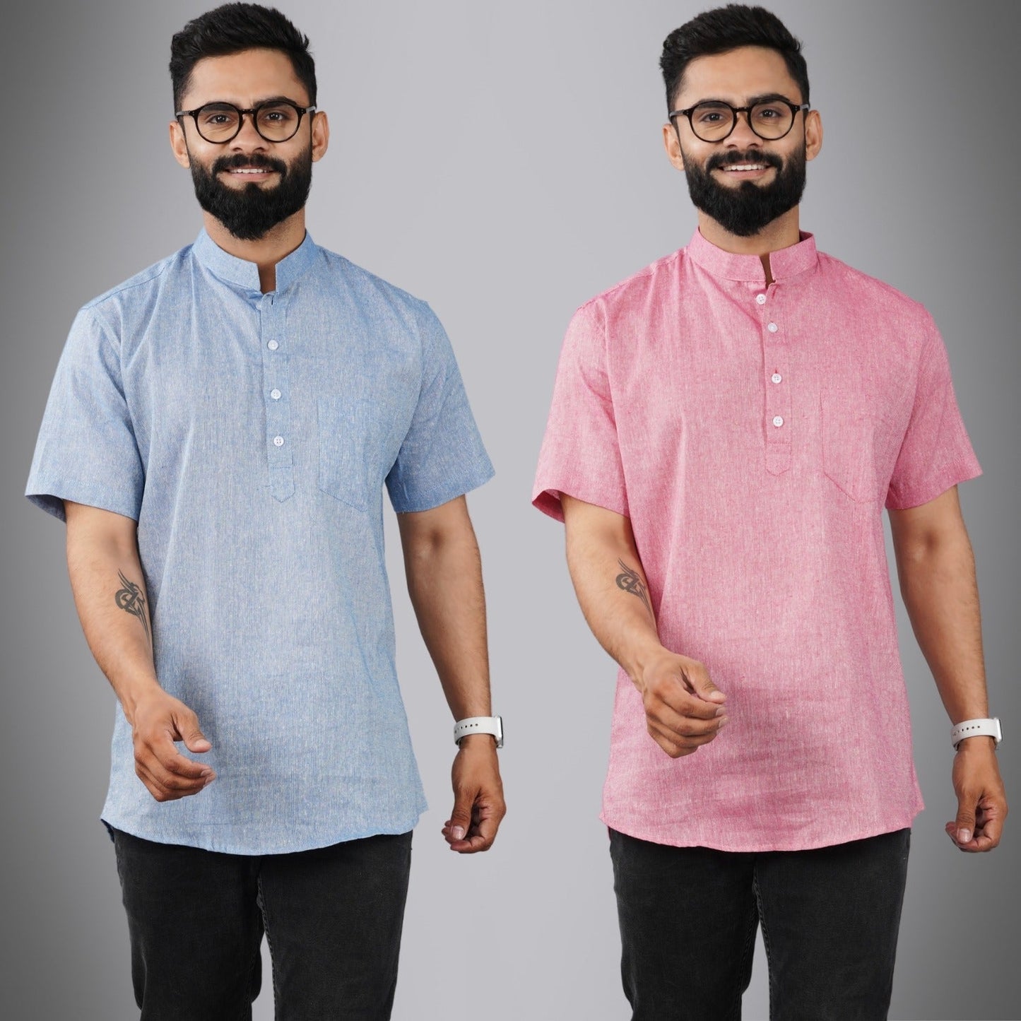 Pack Of 2 Mens Regular Fit Blue And Pink Half Sleeve Cotton Short Kurta Combo