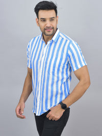 Mens Regular Fit Blue Striped Half Sleeves Cotton Casual Shirt