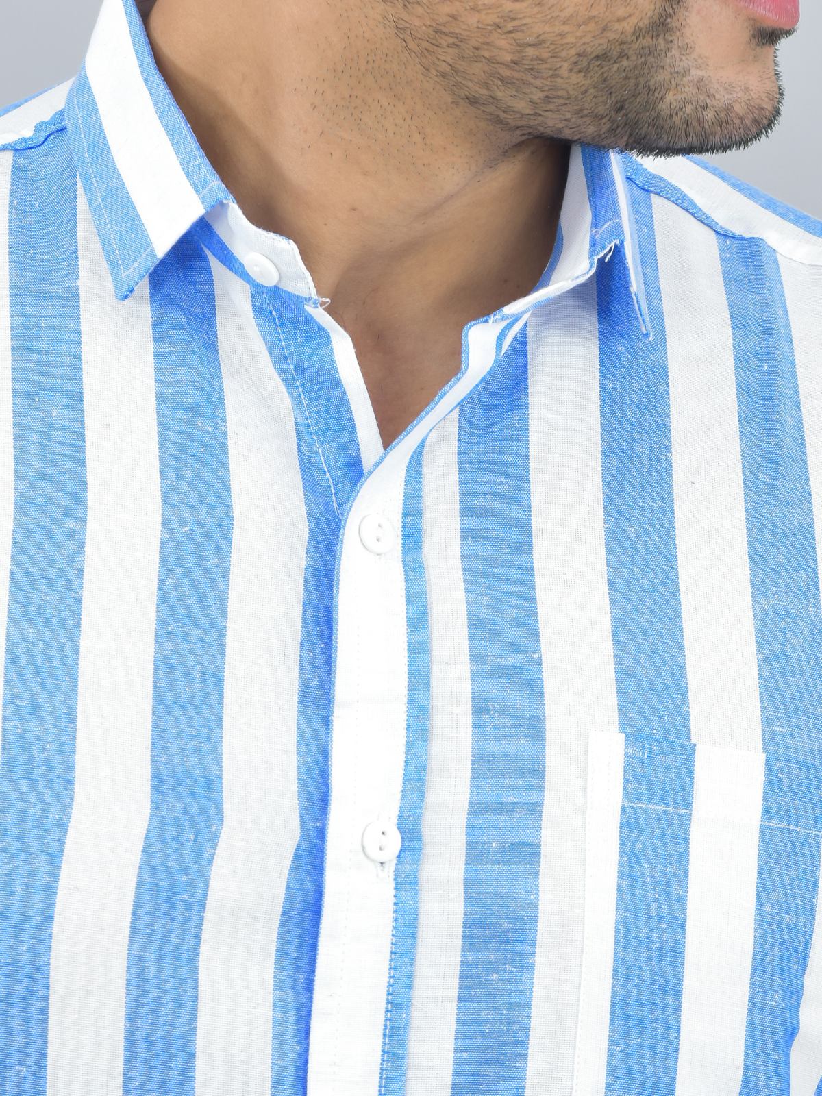 Mens Regular Fit Blue Striped Half Sleeves Cotton Casual Shirt