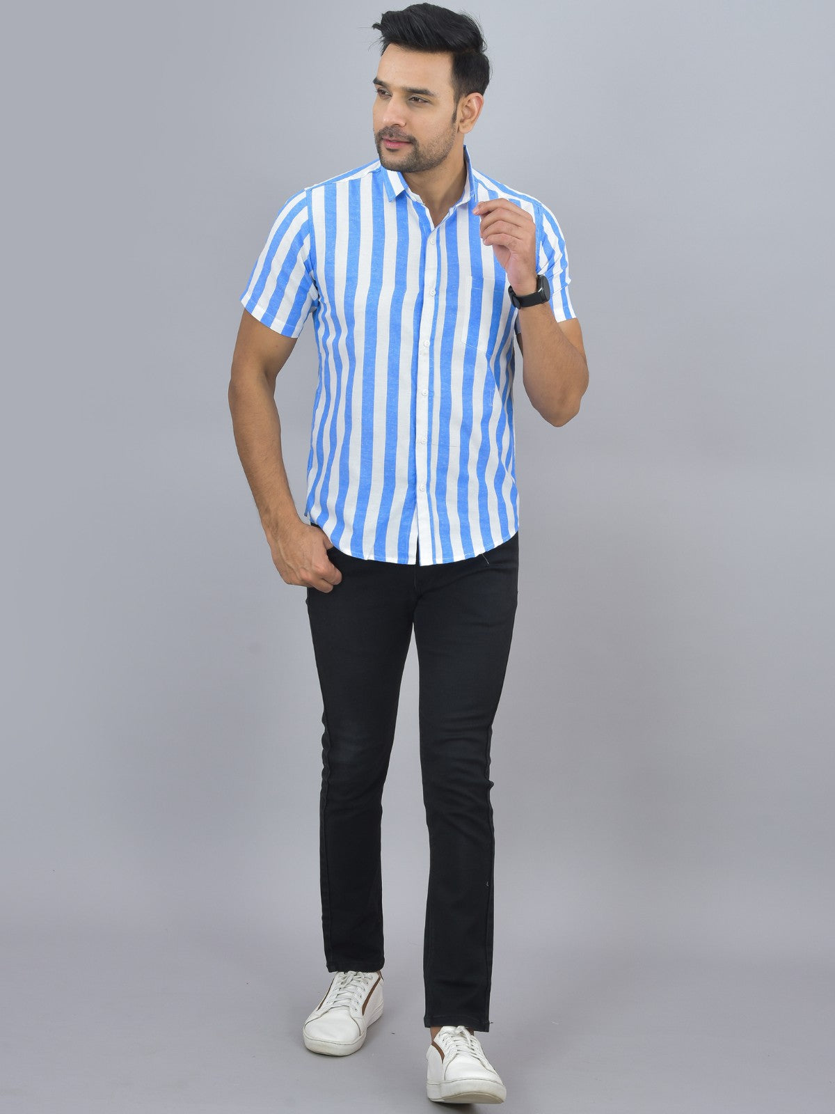 Mens Regular Fit Blue Striped Half Sleeves Cotton Casual Shirt