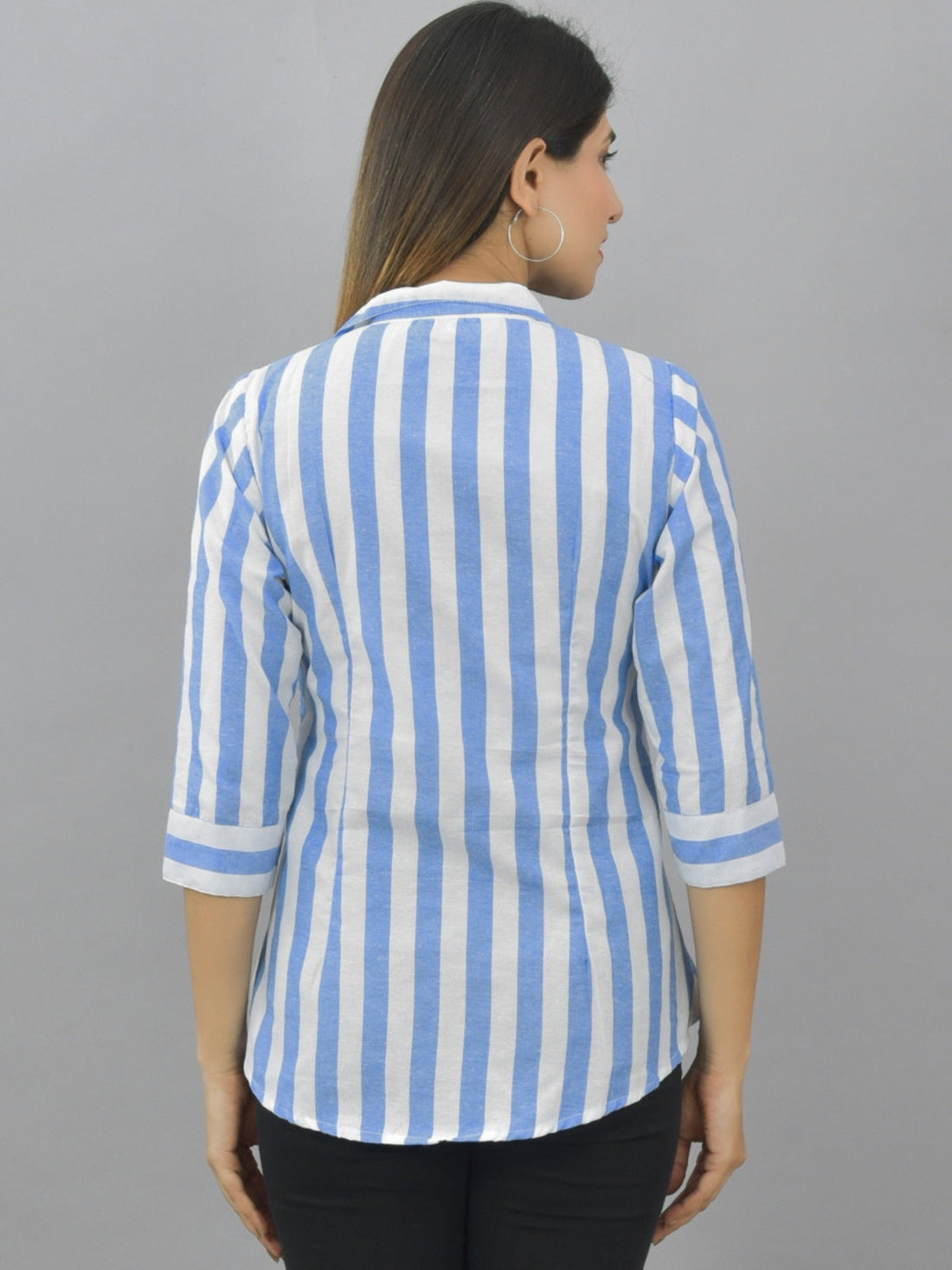 Womens Blue Regular Fit Striped Cotton Spread Collar Casual Shirt