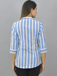 Pack Of 2 Womens Blue And Coffee Spread Collar Striped Shirt Combo