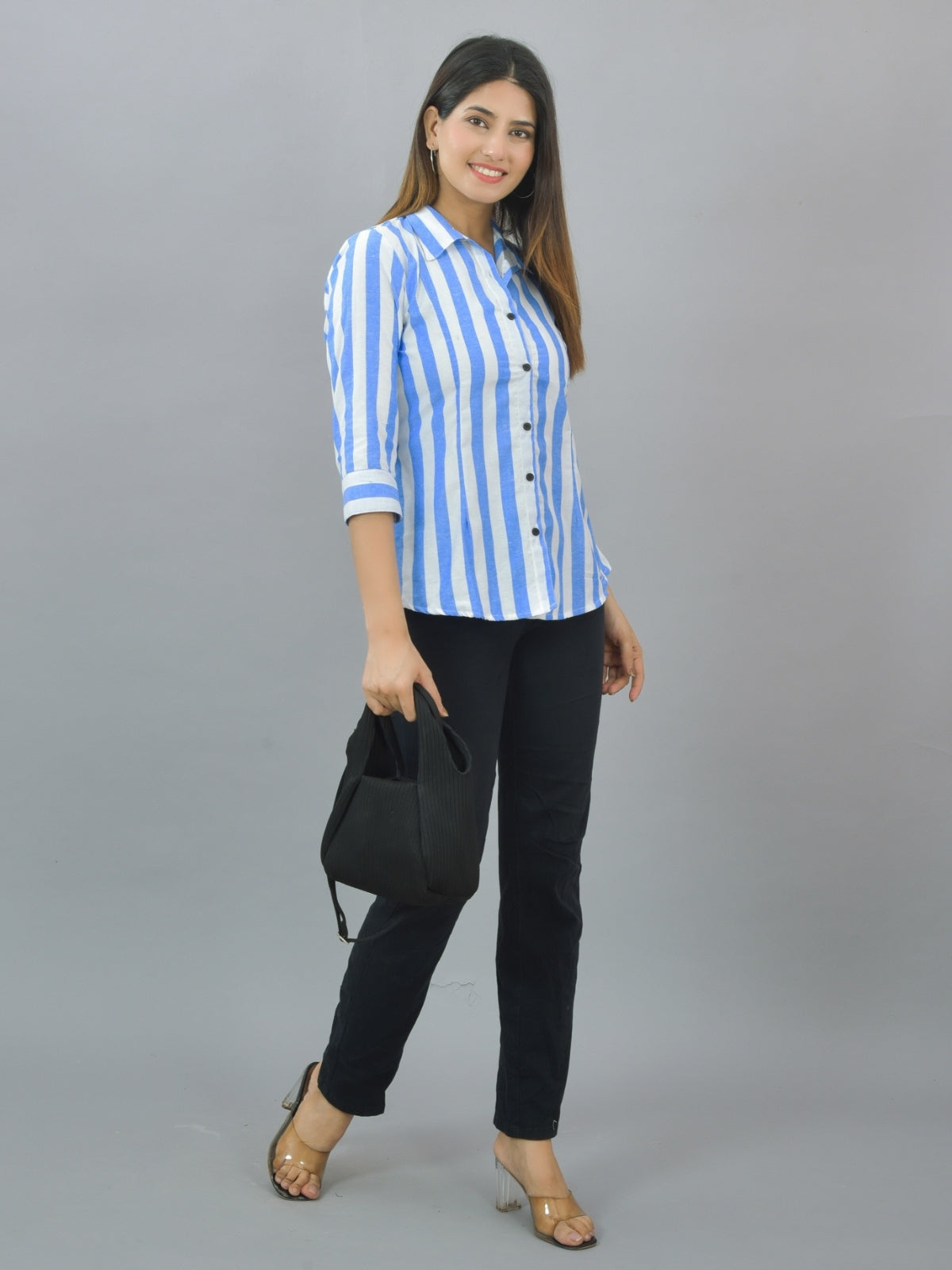 Womens Blue Regular Fit Striped Cotton Spread Collar Casual Shirt