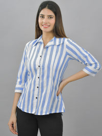 Pack Of 2 Womens Blue And Coffee Spread Collar Striped Shirt Combo