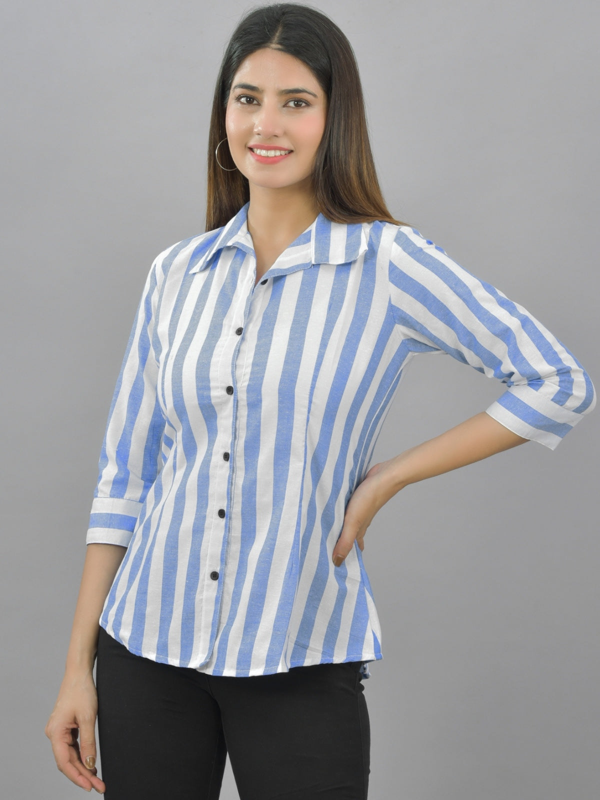 Pack Of 2 Womens Blue And Pink Spread Collar Striped Shirt Combo