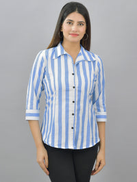 Pack Of 2 Womens Blue And Orange Spread Collar Striped Shirt Combo