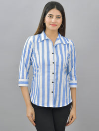 Pack Of 2 Womens Blue And Red Spread Collar Striped Shirt Combo