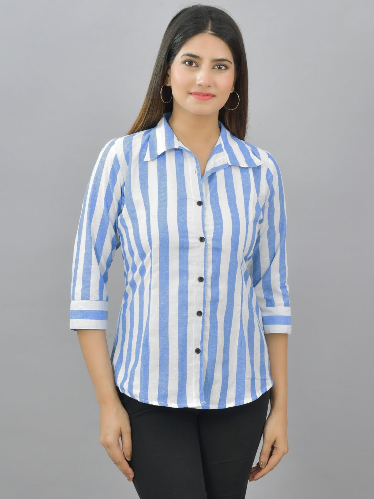 Pack Of 2 Womens Blue And Coffee Spread Collar Striped Shirt Combo